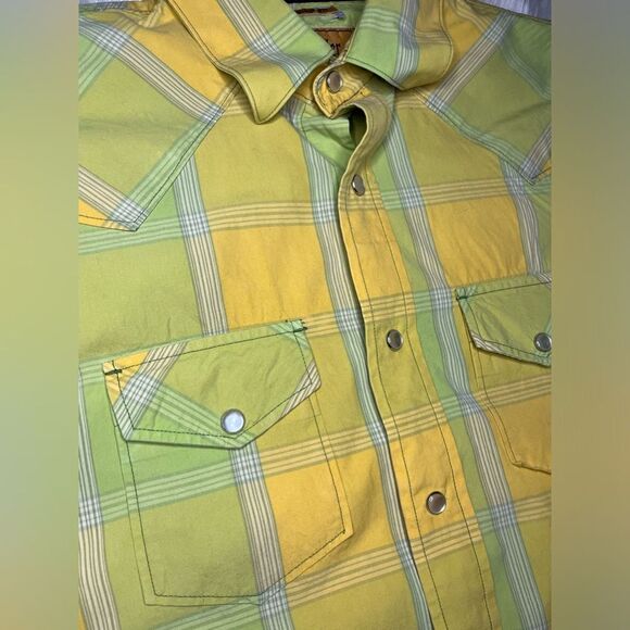 Trailer Vintage Fit yellow/green plaid pearl snap button down sz large - Picture 2 of 7